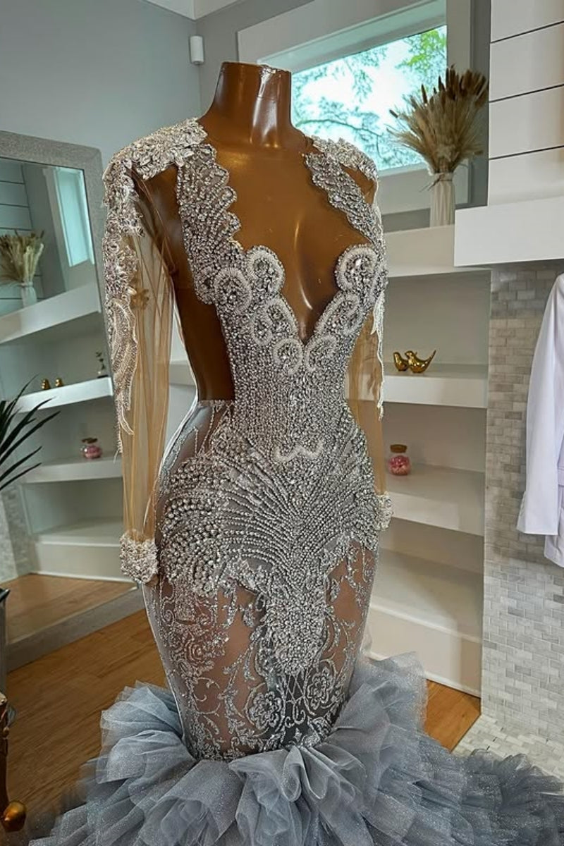 Elegant Long Sleeves Gray Ruffled Tulles Mermaid Prom Dresses With Silver Beadings