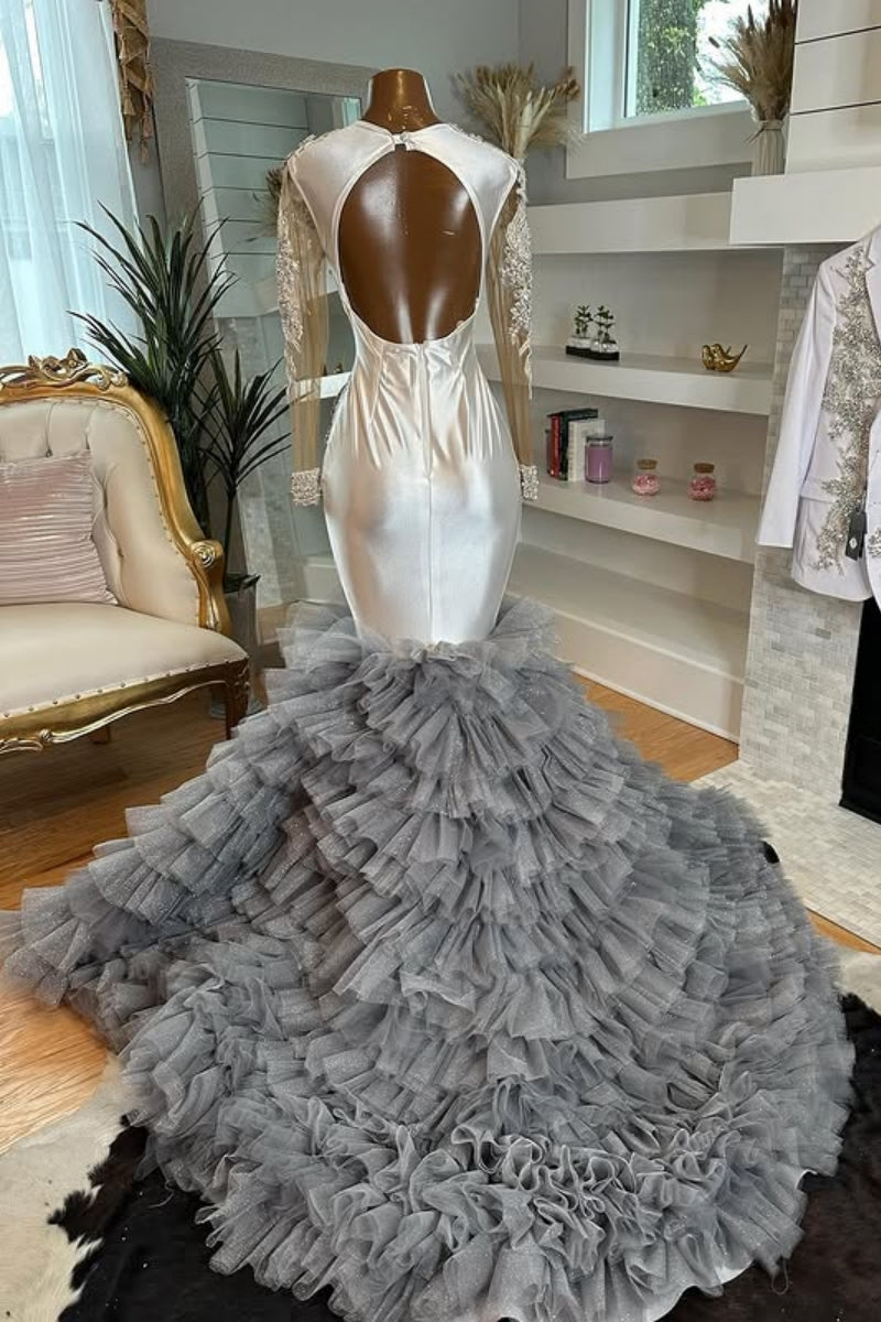 Elegant Long Sleeves Gray Ruffled Tulles Mermaid Prom Dresses With Silver Beadings