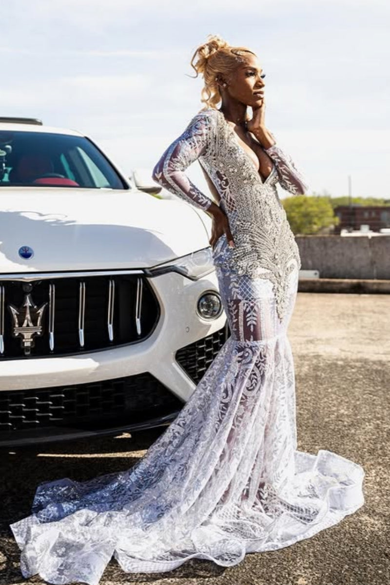 Generous White Lace V-Neck Silver Beadings Mermaid Prom Dresses