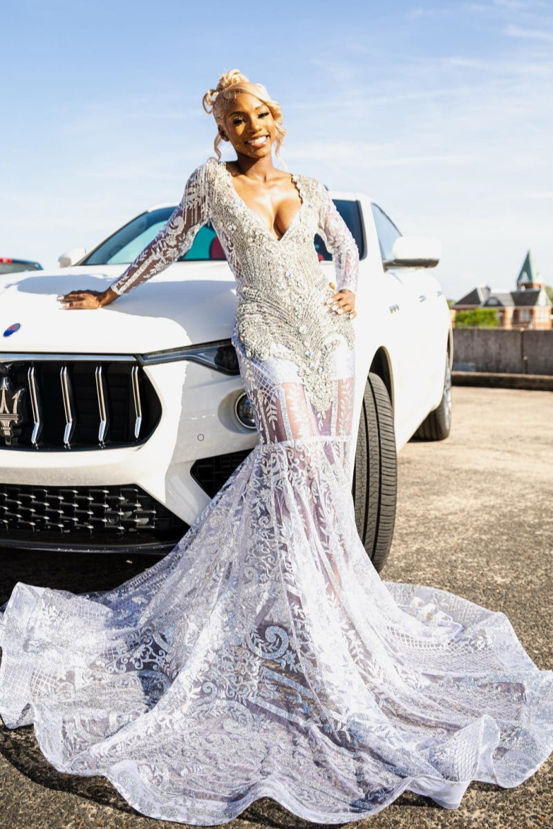 Generous White Lace V-Neck Silver Beadings Mermaid Prom Dresses