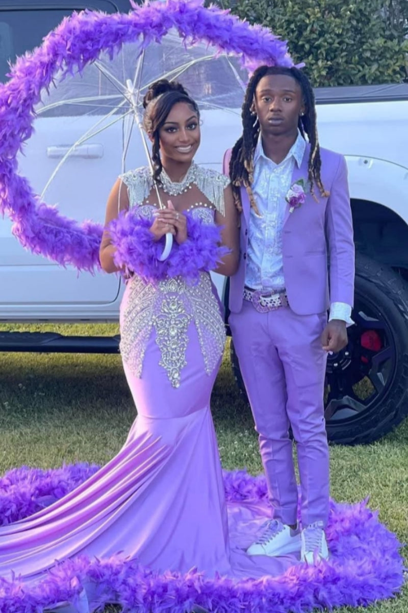 Gorgeous Purple Long Sleeves Silver Beadings Mermaid Prom Dresses With feathers