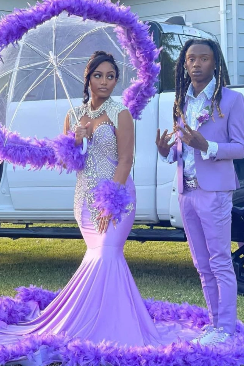 Gorgeous Purple Long Sleeves Silver Beadings Mermaid Prom Dresses With feathers
