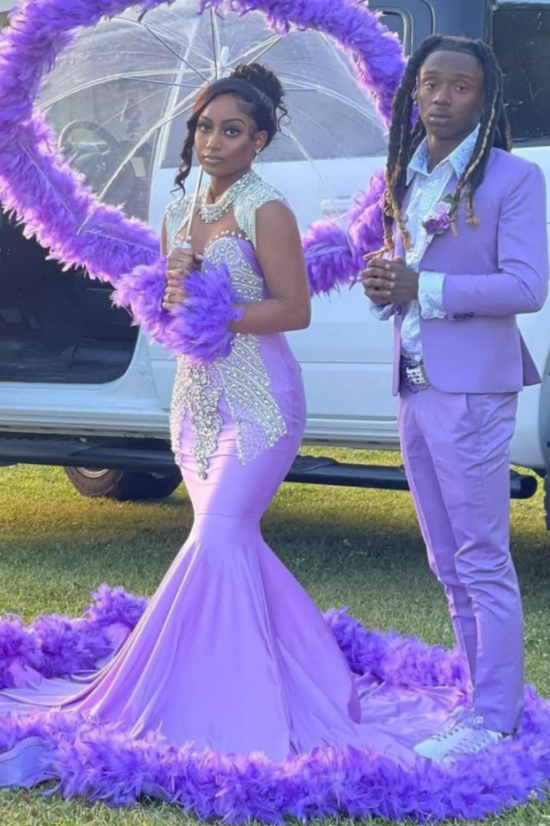 Gorgeous Purple Long Sleeves Silver Beadings Mermaid Prom Dresses With feathers