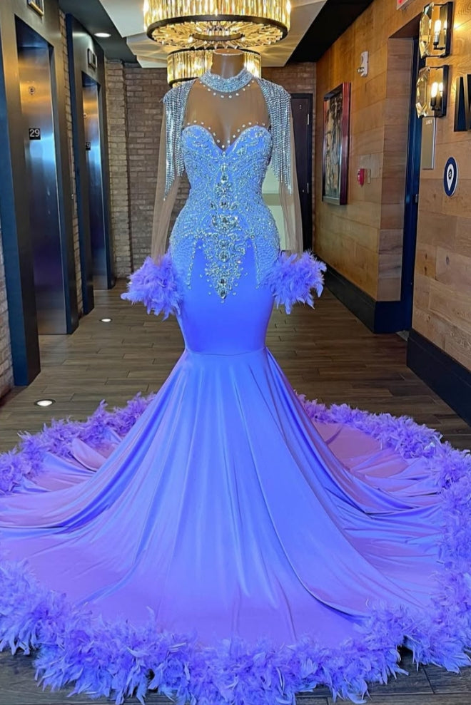 Beautiful Purple Long Sleeves Silver Beadings Mermaid Prom Dresses With feathers
