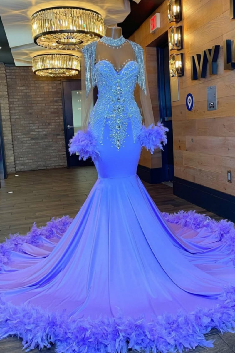 Beautiful Purple Long Sleeves Silver Beadings Mermaid Prom Dresses With feathers