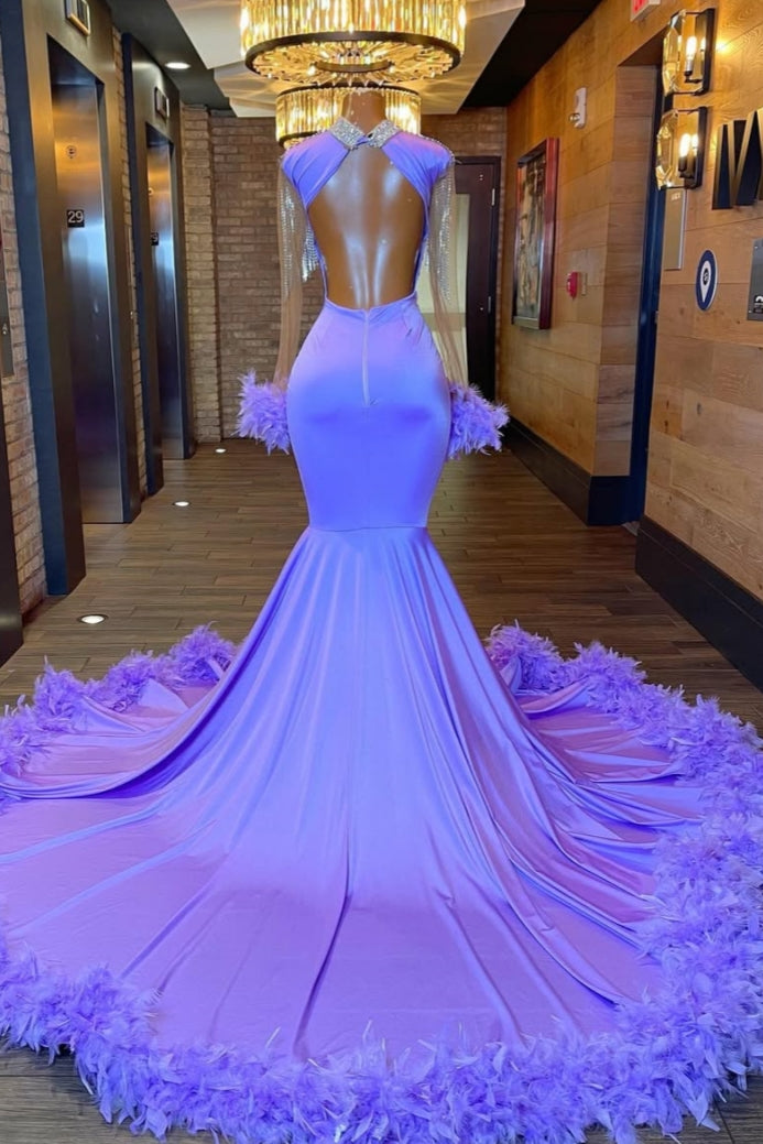 Beautiful Purple Long Sleeves Silver Beadings Mermaid Prom Dresses With feathers