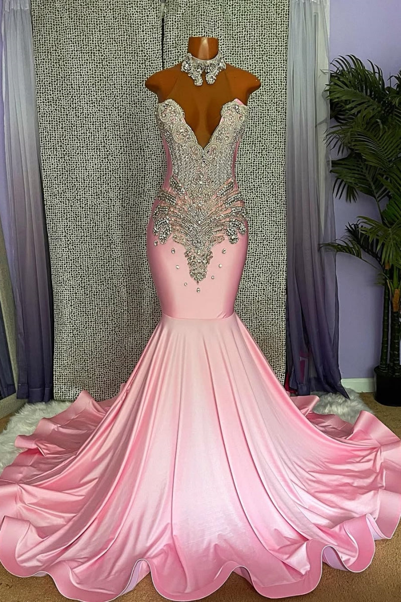 Chic Pink Sleeveless Mermaid Prom Dresses With Silver Beadings