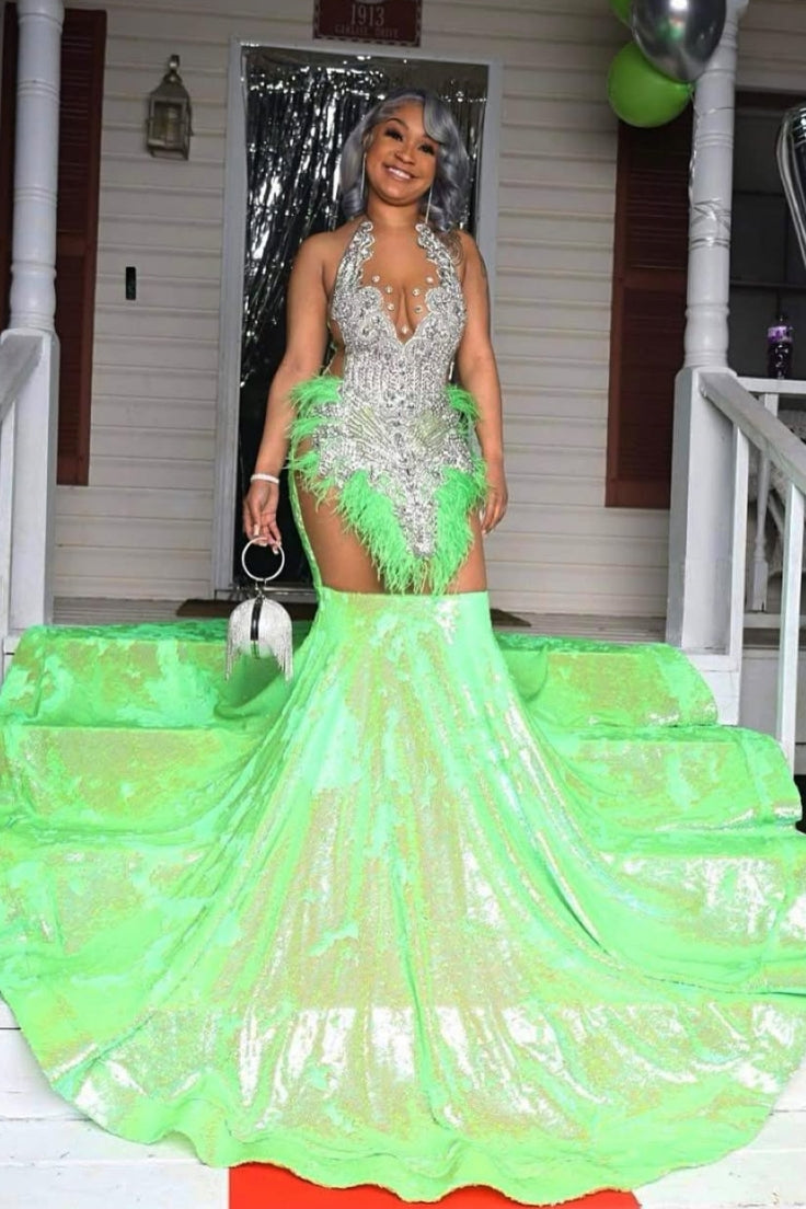 Beautiful Green Sequins Scoop Silver Beadings Mermaid Prom Dresses With Feathers