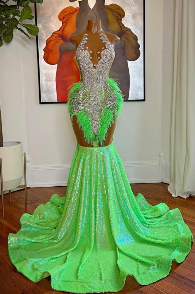 Glamorous Green Sequins Scoop Silver Beadings Mermaid Prom Dresses With Feathers
