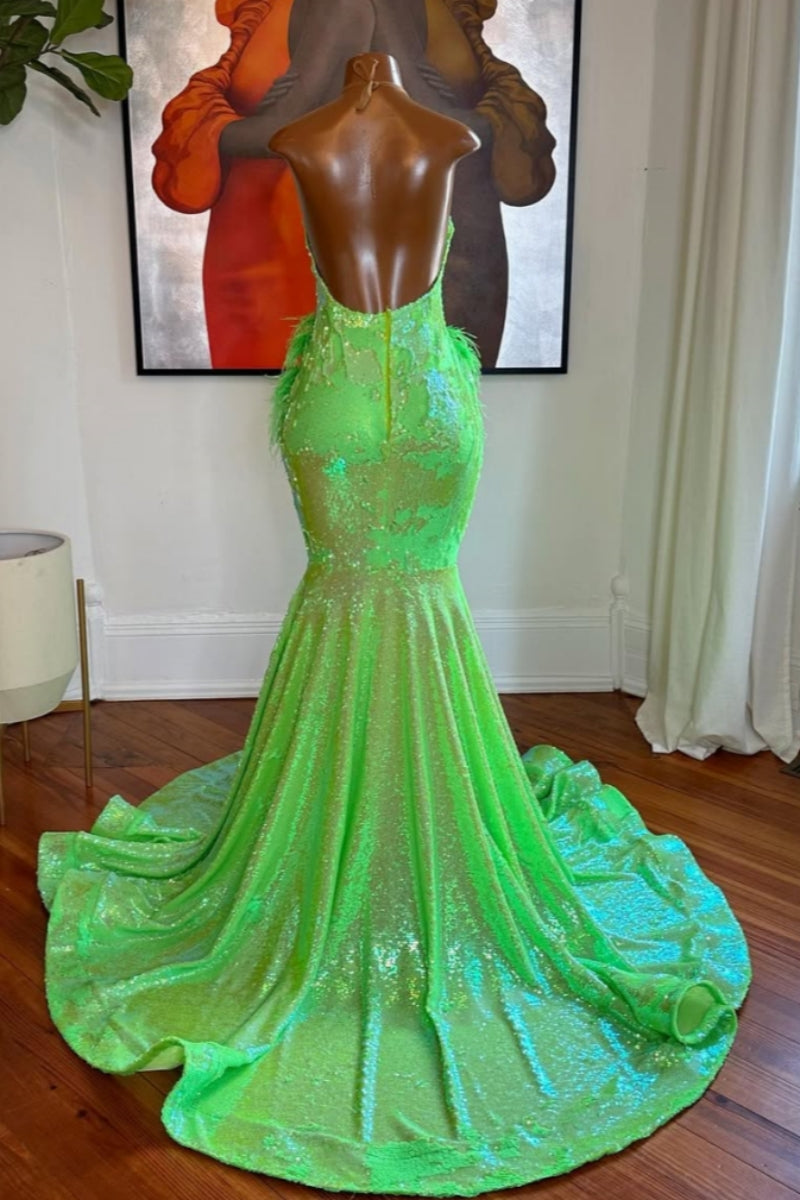 Glamorous Green Sequins Scoop Silver Beadings Mermaid Prom Dresses With Feathers