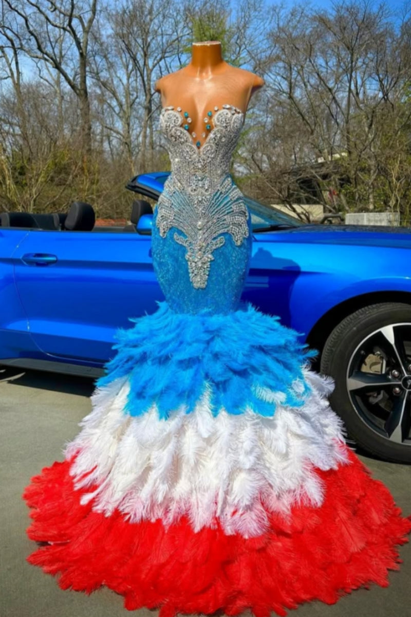 Chic Blue Scoop Silver Beadings Mermaid Prom Dresses With Blue, White And Red Feathers