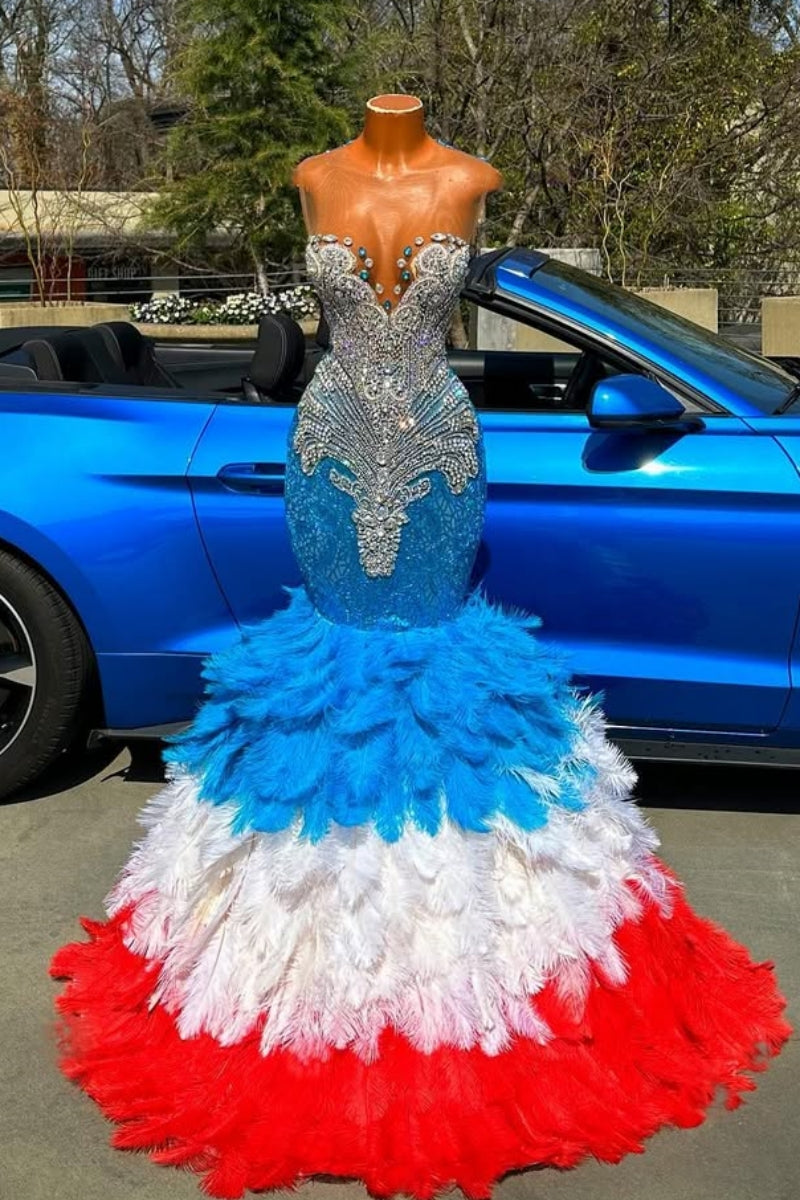 Chic Blue Scoop Silver Beadings Mermaid Prom Dresses With Blue, White And Red Feathers