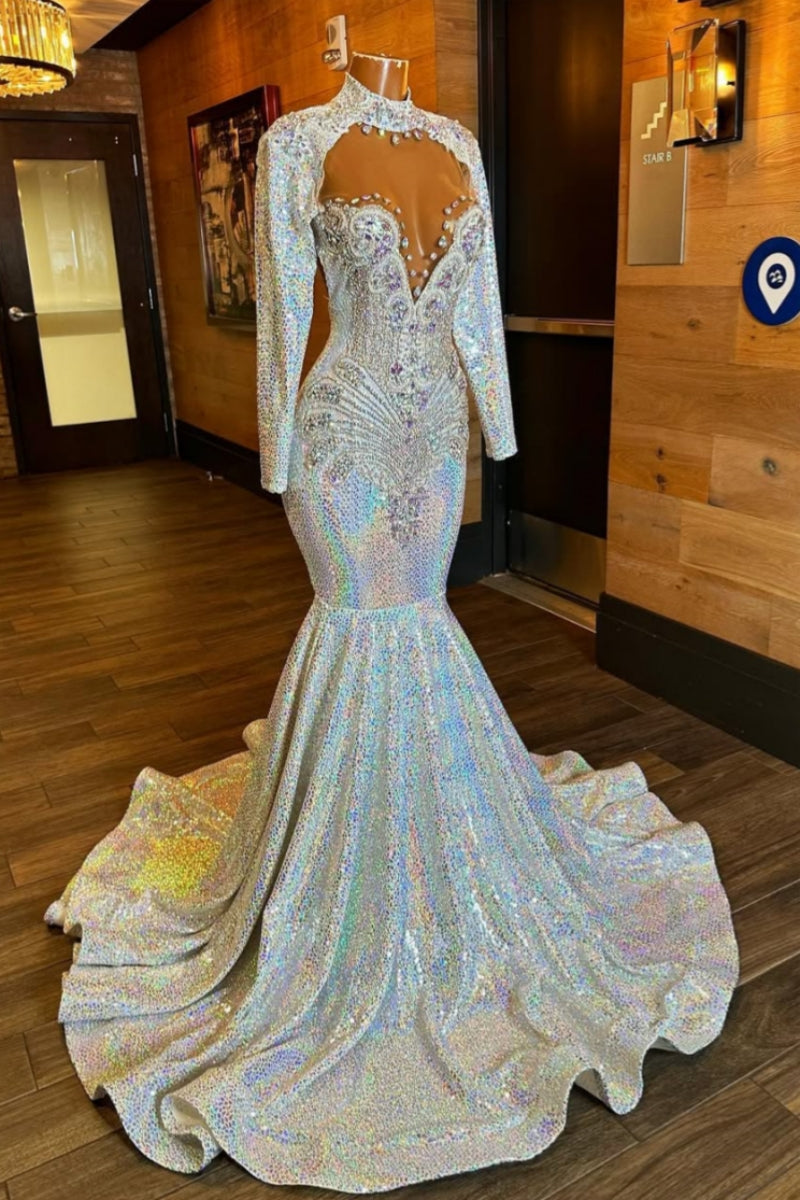 Elegant High Collar Silver Sequins Mermaid Prom Dresses With Beadings