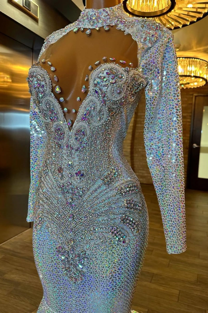 Elegant High Collar Silver Sequins Mermaid Prom Dresses With Beadings