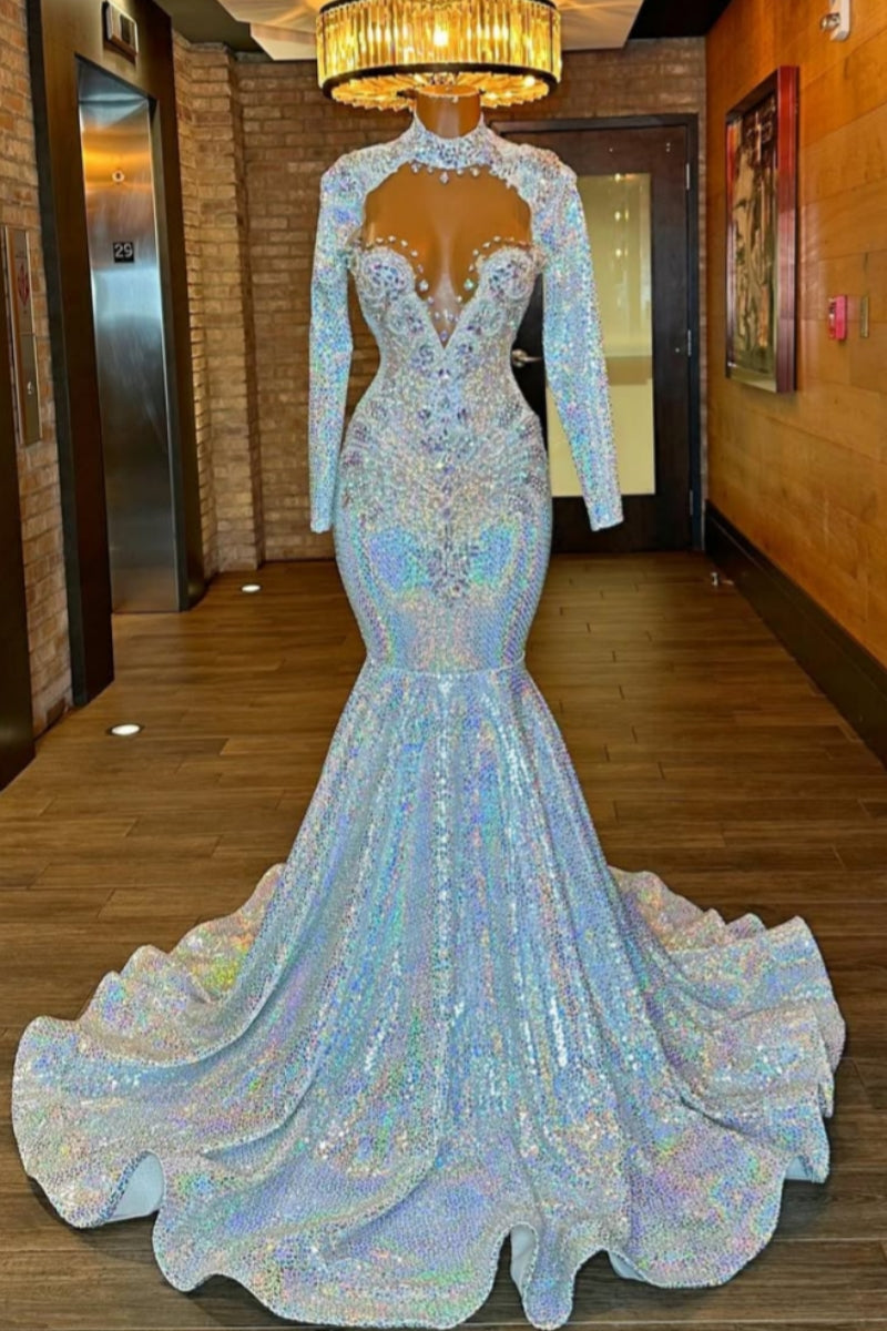 Elegant High Collar Silver Sequins Mermaid Prom Dresses With Beadings