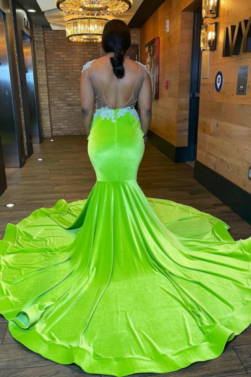 Gorgeous Green Velvet Silver Beadings Mermaid Prom Dresses