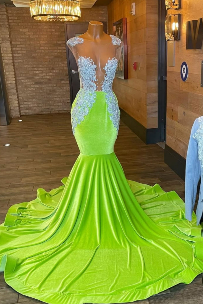 Modern Green Velvet Sleeveless Silver Beadings Mermaid Prom Dresses