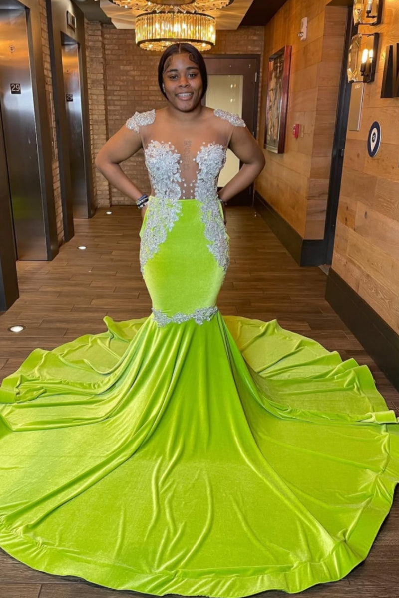 Gorgeous Green Velvet Silver Beadings Mermaid Prom Dresses