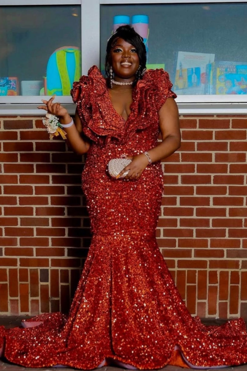 Sparkly Red Sequins V-Neck Mermaid Prom Dresses