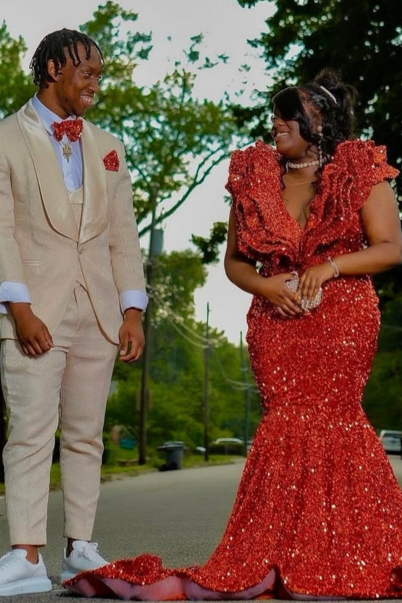Sparkly Red Sequins V-Neck Mermaid Prom Dresses