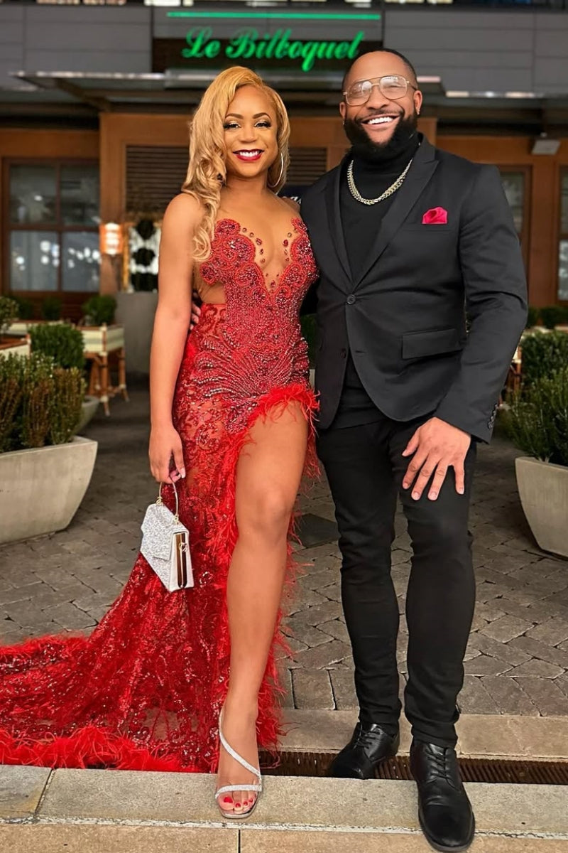 Sexy Red Halter Beadings Slit Lace Sequins Prom Dresses With Feathers