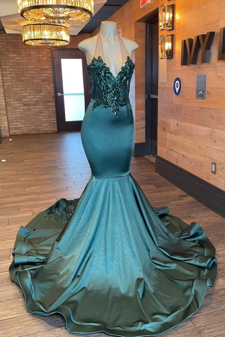 Modern Dark Green Halter Appliques Sequins Mermaid Prom Dresses