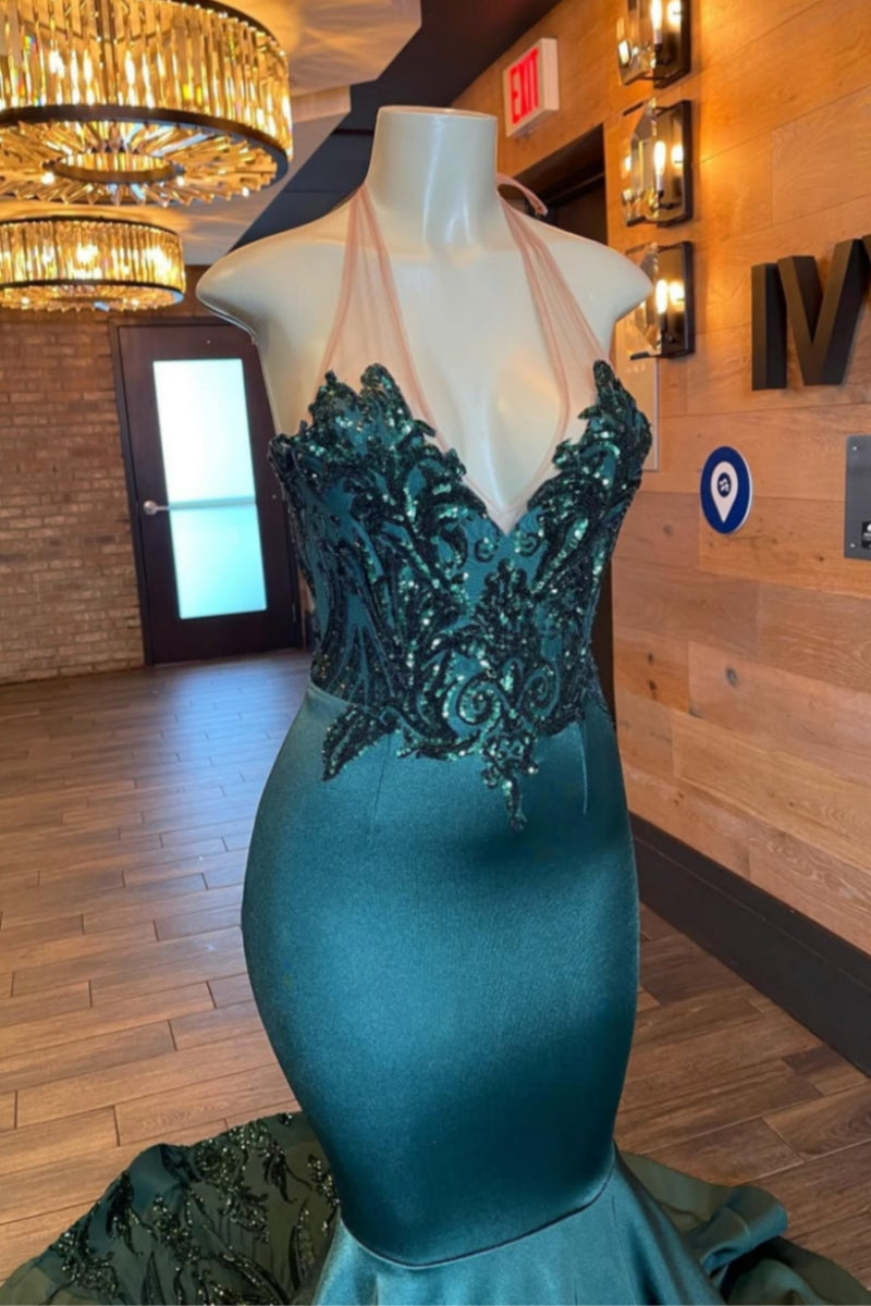 Modern Dark Green Halter Appliques Sequins Mermaid Prom Dresses