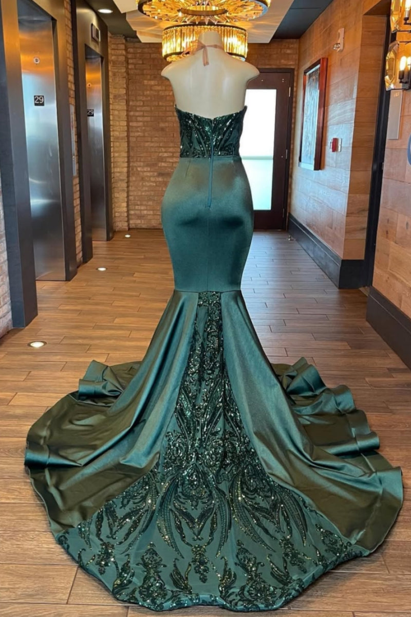 Modern Dark Green Halter Appliques Sequins Mermaid Prom Dresses