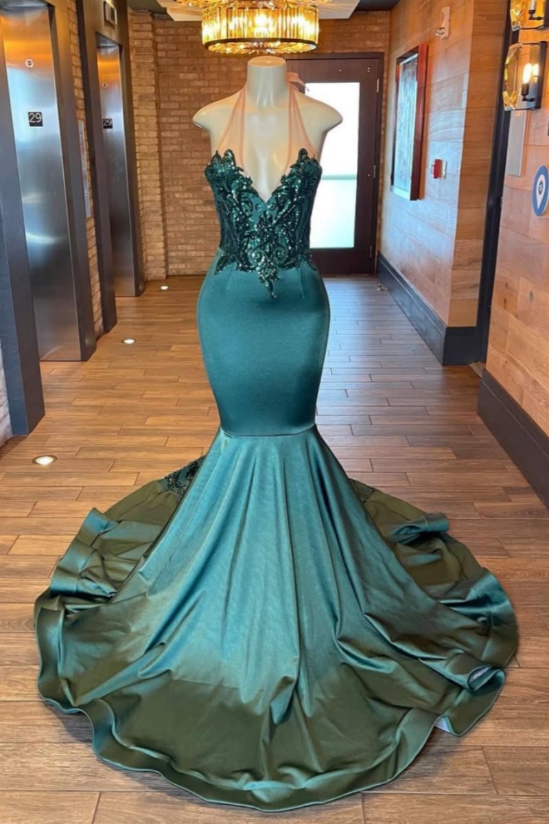Modern Dark Green Halter Appliques Sequins Mermaid Prom Dresses