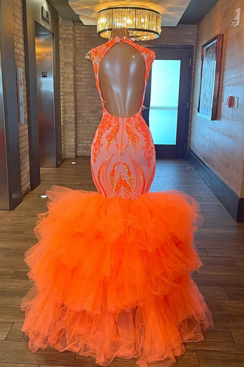 Glamorous Orange Appliques Sequins Mermaid Prom Dresses With Ruffled Tulles
