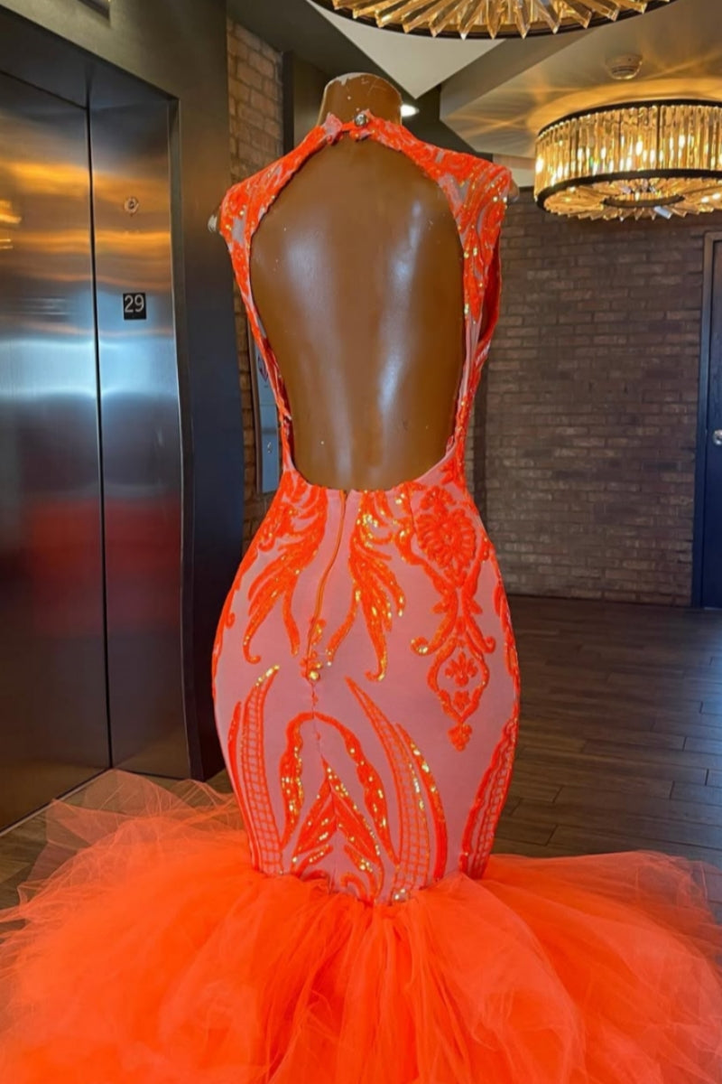 Glamorous Orange Appliques Sequins Mermaid Prom Dresses With Ruffled Tulles
