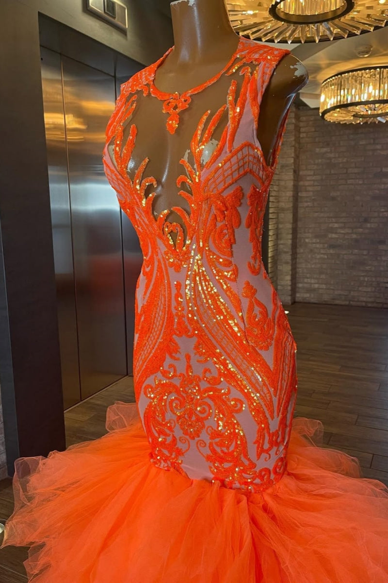 Glamorous Orange Appliques Sequins Mermaid Prom Dresses With Ruffled Tulles