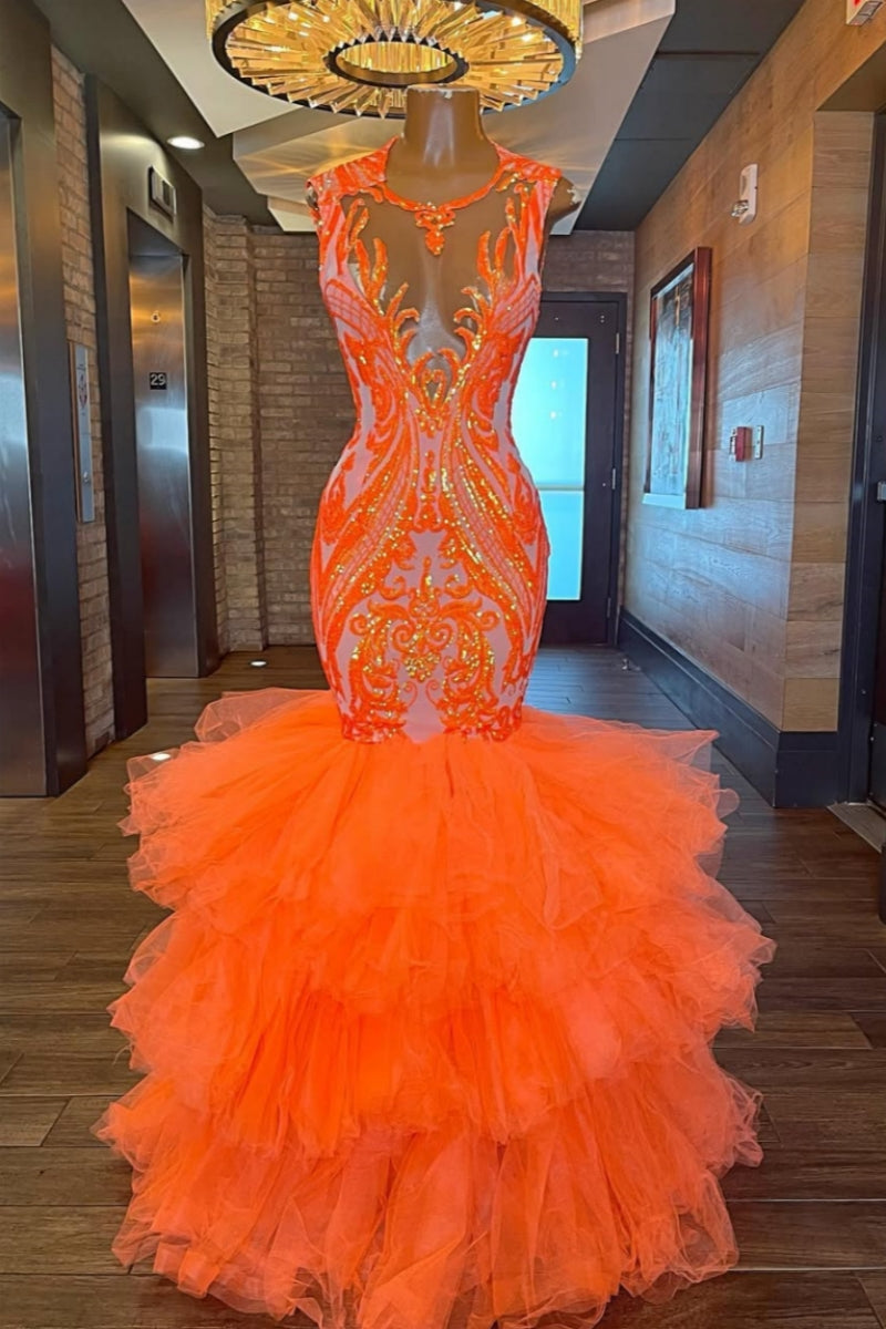 Glamorous Orange Appliques Sequins Mermaid Prom Dresses With Ruffled Tulles