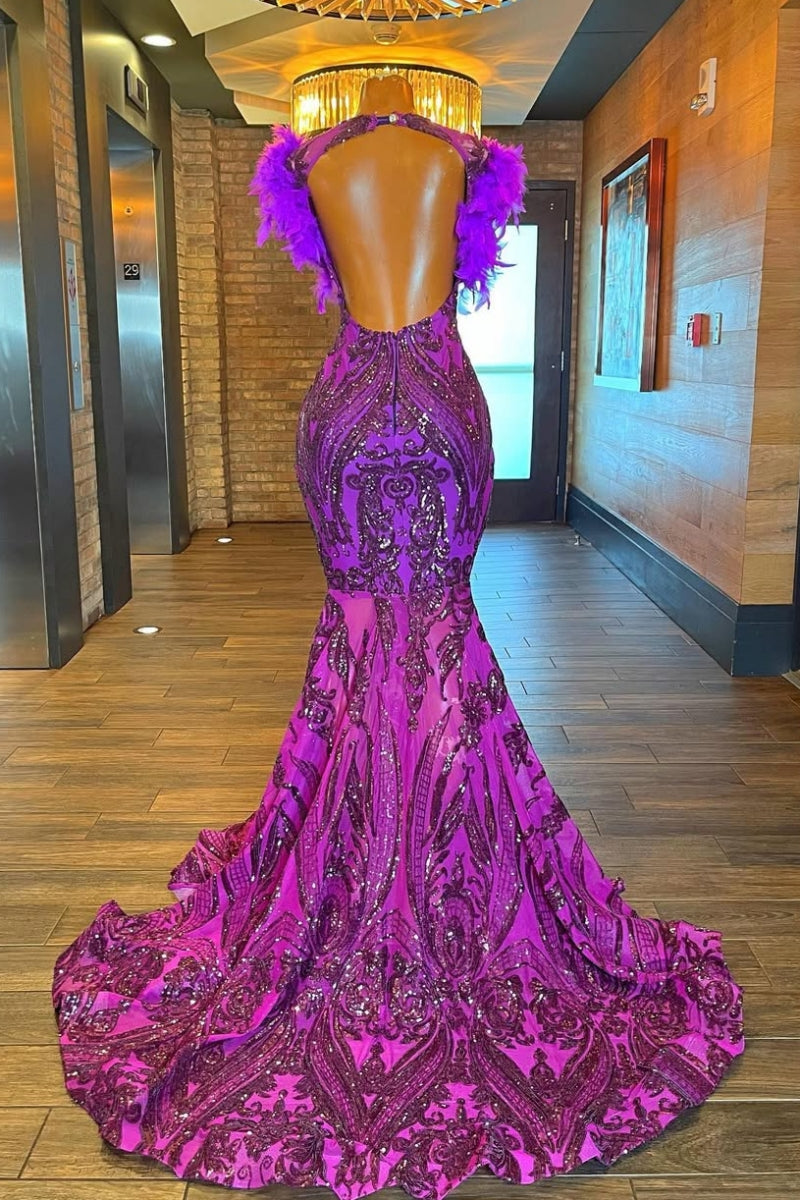 Charming Purple Mermaid Beadings Prom Dress With Feathers