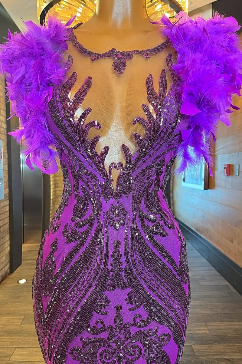 Charming Purple Mermaid Beadings Prom Dress With Feathers