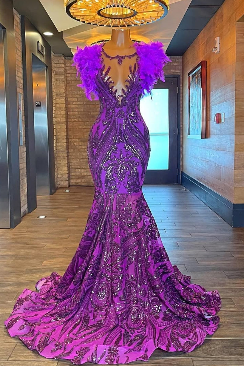 Charming Purple Mermaid Beadings Prom Dress With Feathers