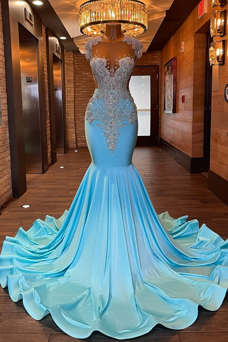 Elegant Sky Blue Backless Beadings Mermaid Prom Dresses
