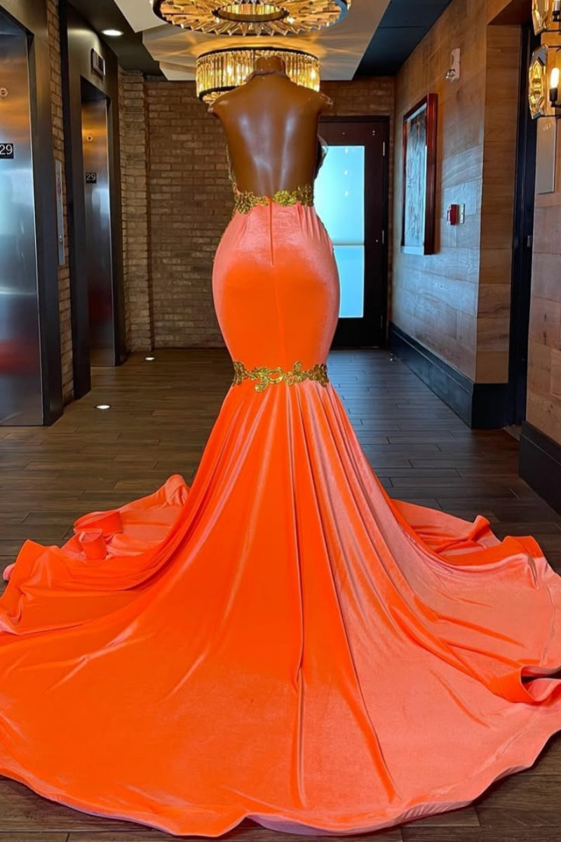 Sexy Orange Halter Mermaid Gold Beadings Velvet Prom Dresses