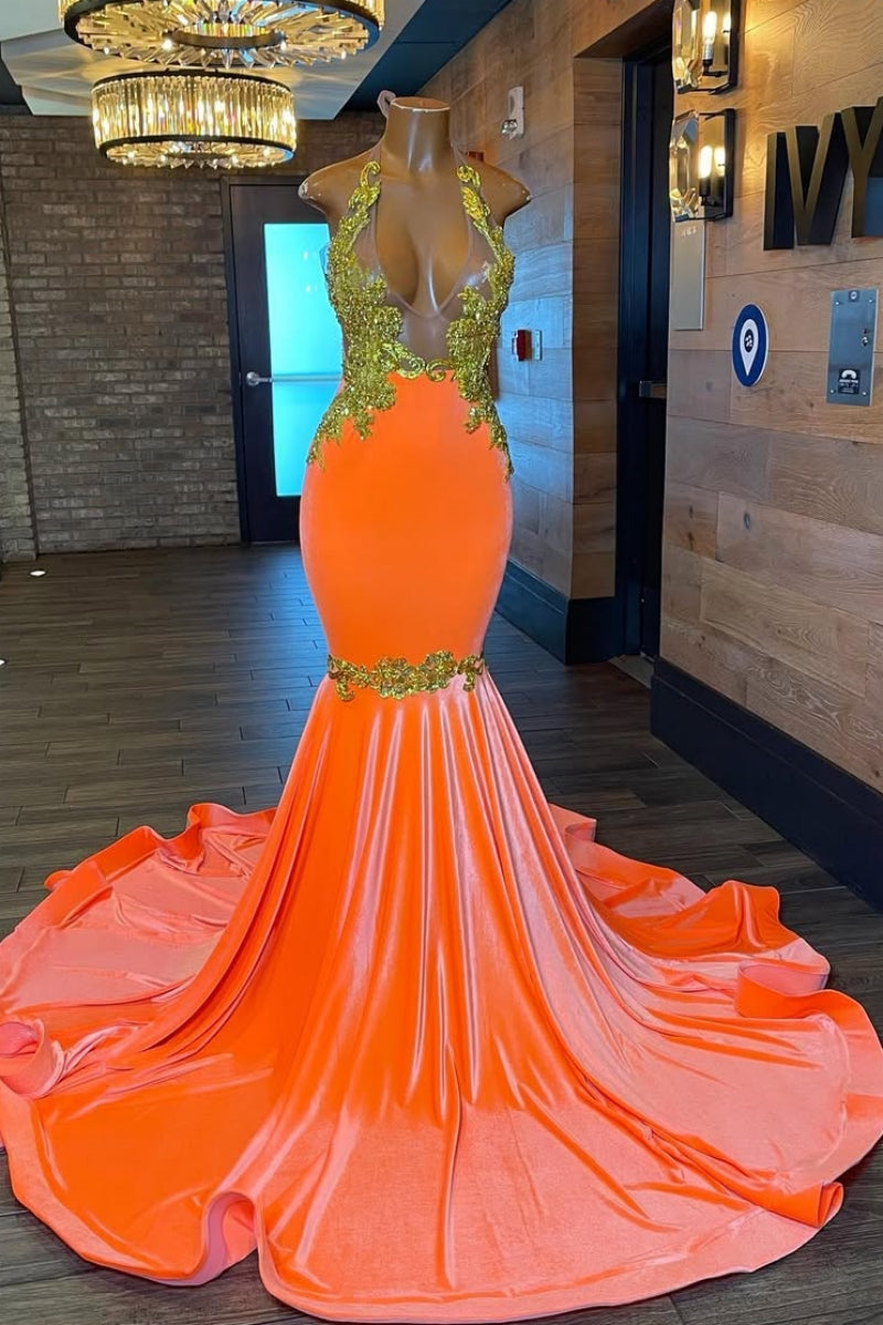 Sexy Orange Halter Mermaid Gold Beadings Velvet Prom Dresses