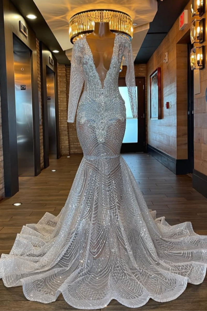 Luxury Silver Long Sleeves Mermaid Beadings Sequins Prom Dresses