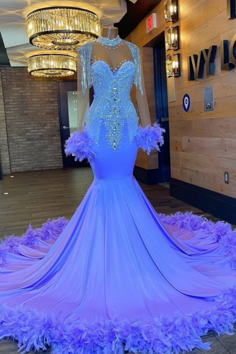 Beautiful Purple Mermaid Beadings Prom Dresses With Feathers