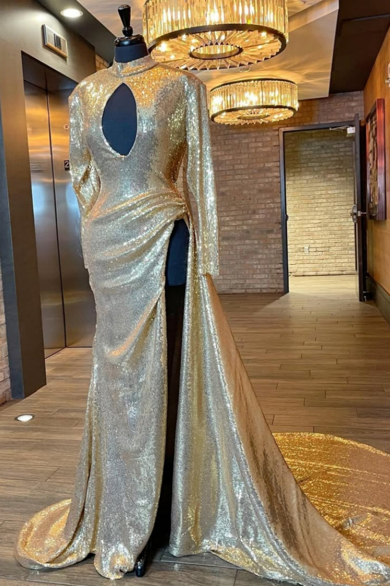 Chic Gold Sequins Long Sleeves High Split Prom Dresses