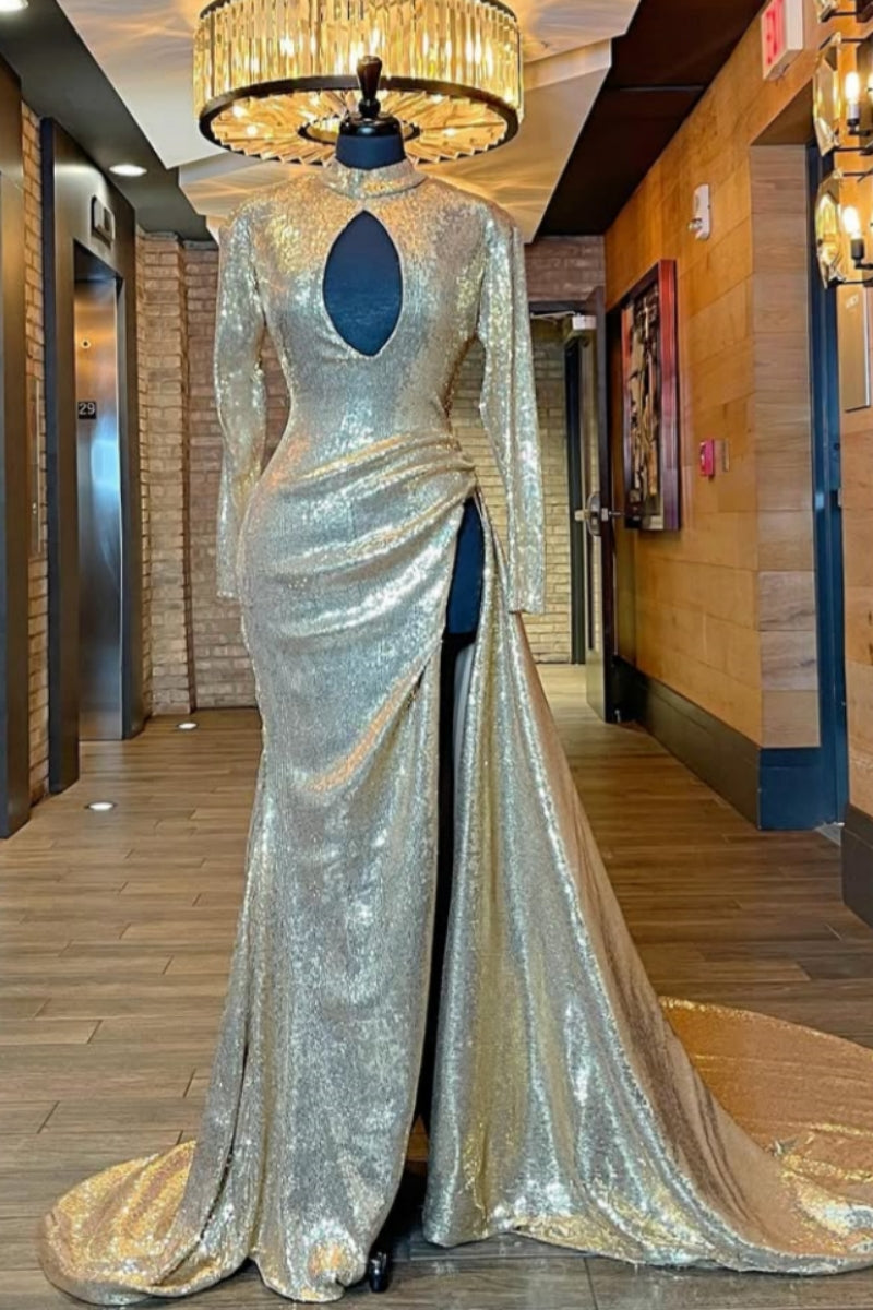 Chic Gold Sequins Long Sleeves High Split Prom Dresses