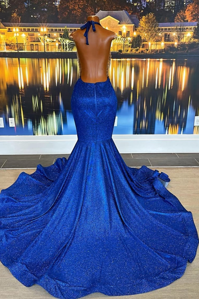 Honorable Royal Blue Sequins Halter Beadings Mermaid Prom Dresses