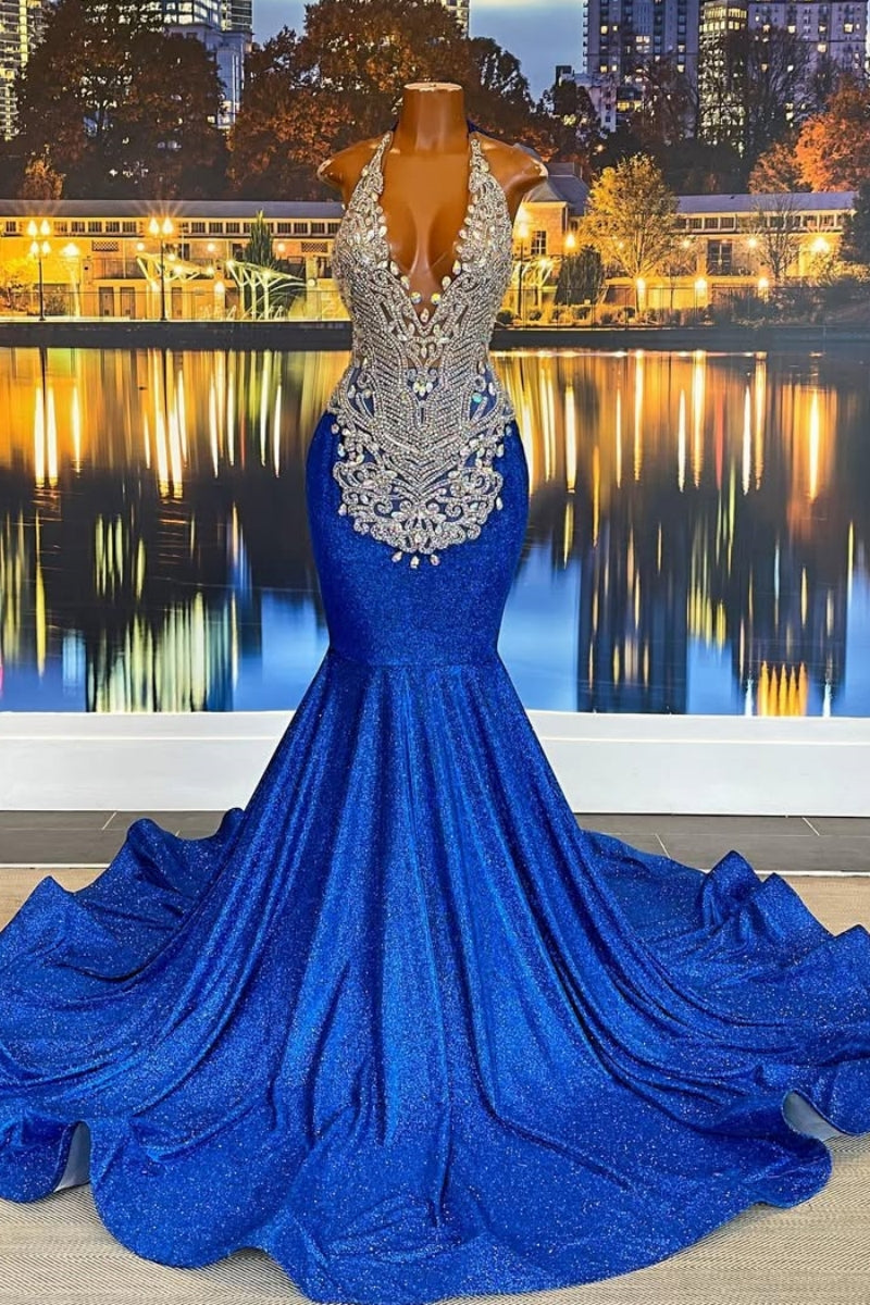 Honorable Royal Blue Sequins Halter Beadings Mermaid Prom Dresses