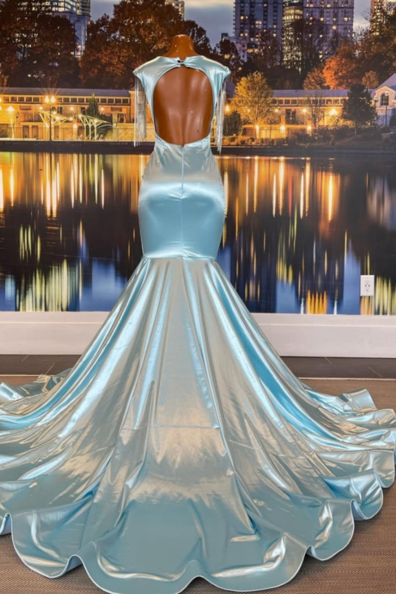 Generous Sky Blue Mermaid Beadings Prom Dresses