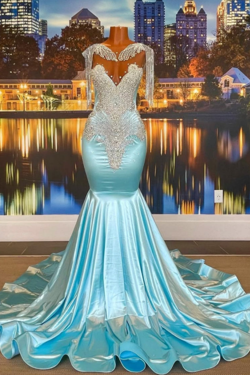 Generous Sky Blue Mermaid Beadings Prom Dresses