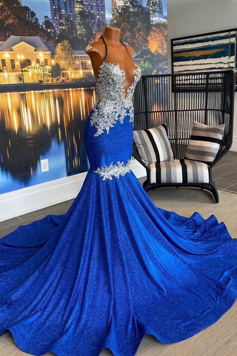 Fancy Blue Sequins Halter Mermaid Beadings Prom Dresses