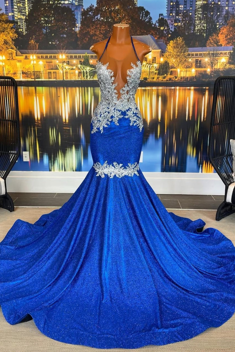 Fancy Blue Sequins Halter Mermaid Beadings Prom Dresses