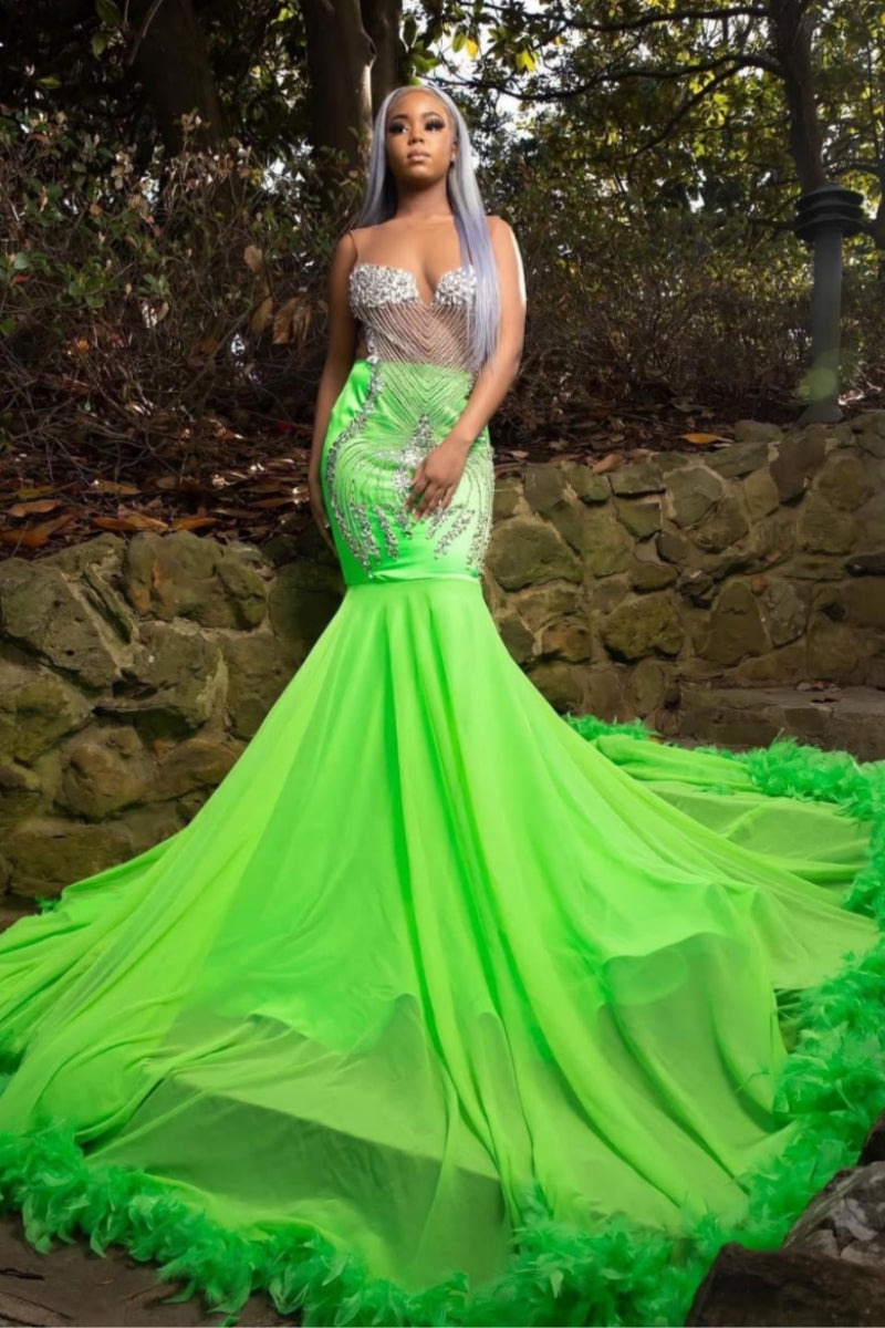 Modern Green Tulle Beadings Mermaid Prom Dresses With Feathers